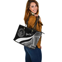 Palau Custom Personalised Large Leather Tote Bag - White Polynesian Tentacle Tribal Pattern Crest - Polynesian Pride