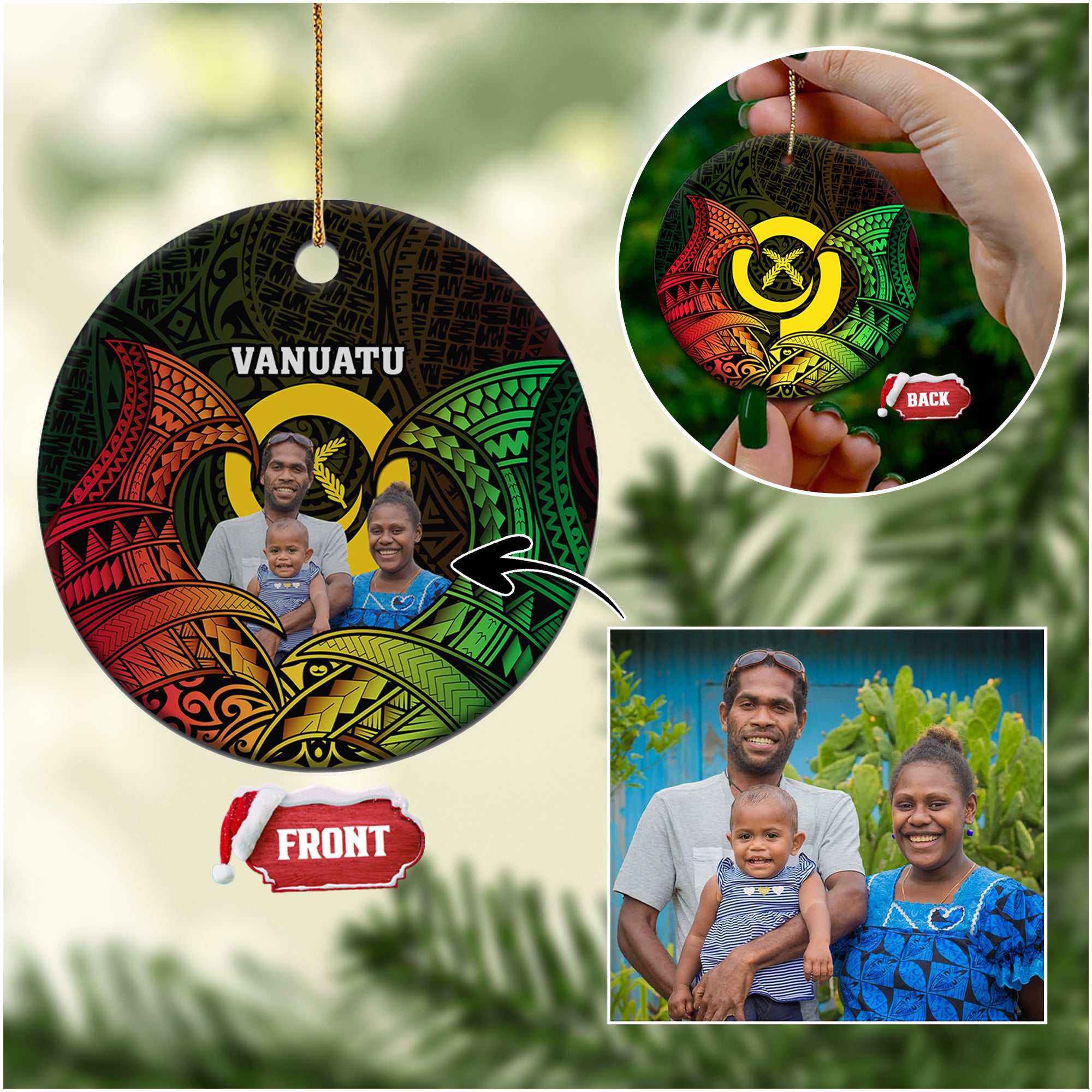 Custom Photo Vanuatu Christmas Ornaments Vanuatuan Pig Tusk Reggae Polynesian Pattern CTM14 Circle Blue - Polynesian Pride