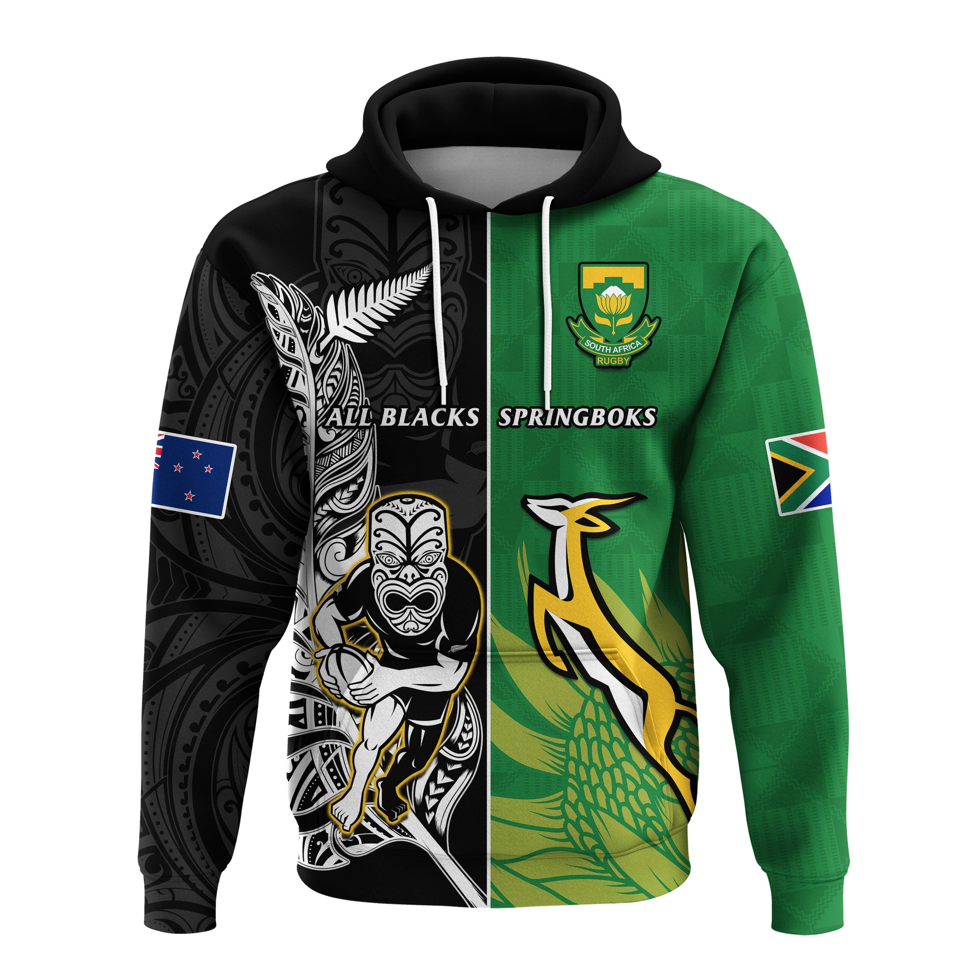 Custom New Zealand and South Africa Rugby Hoodie All Black Maori Mix Springboks LT14 Pullover Hoodie Black - Polynesian Pride