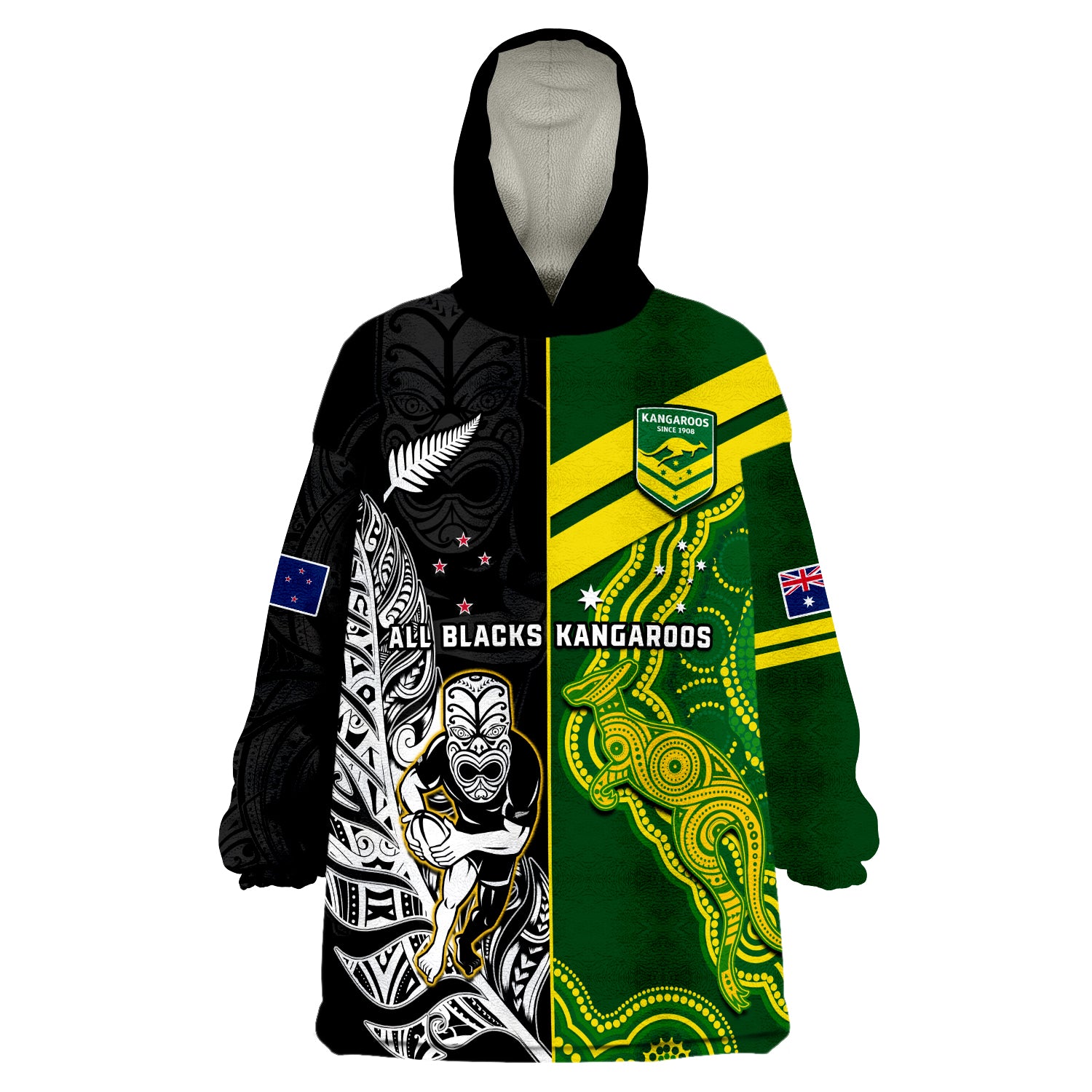 (Custom Personalised) Australia Kangaroos And All Black Rugby Wearable Blanket Hoodie Aboriginal Mix NZ Maori Fern LT14 Unisex One Size - Polynesian Pride