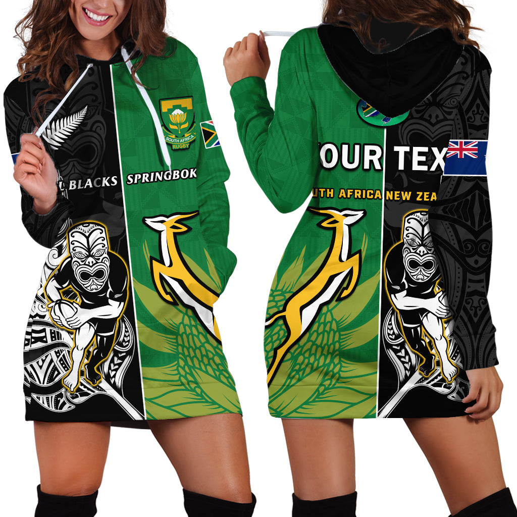 (Custom Personalised) New Zealand And South Africa Rugby Hoodie Dress All Black Maori Mix Springboks LT14 Black - Polynesian Pride