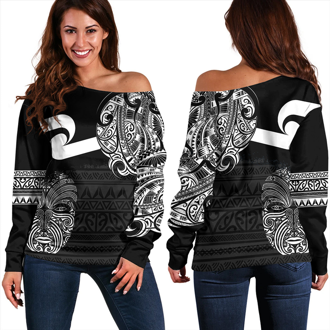 New Zealand Off Shoulder Sweater Tino Rangatiratanga Maori Mask Black