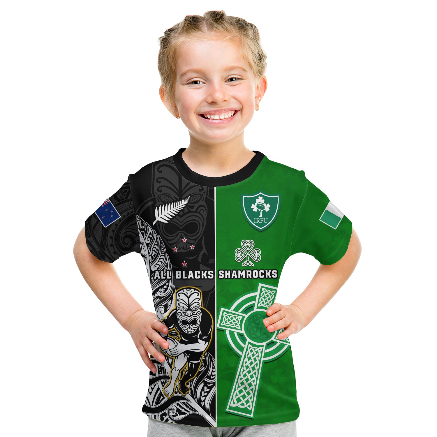 (Custom Personalised) New Zealand And Ireland Rugby T Shirt KID All Black Maori Mix Shamrocks LT14 - Polynesian Pride