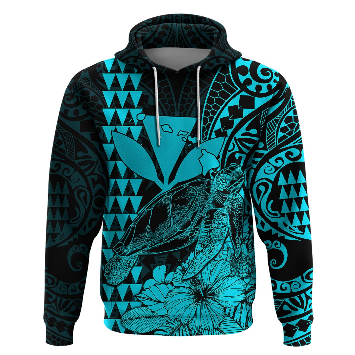 Custom Kakau Polynesian Tribal Hawaiian Turtle with Kanaka Maoli Teal Hoodie LT9 - Polynesian Pride