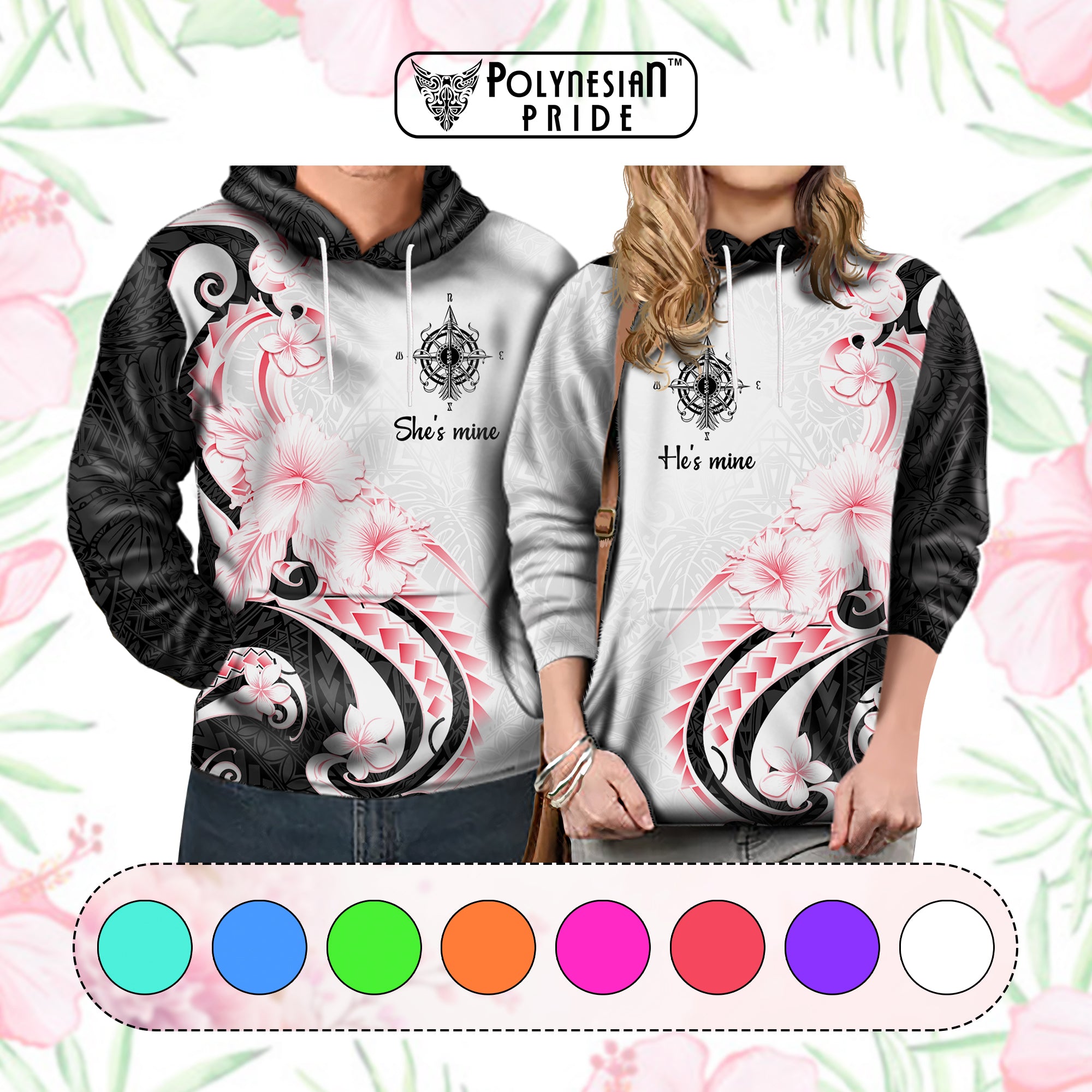 Custom Polynesian Couple National Spouses Day Hoodie Compass Hibiscus Flowers CTM05 - Polynesian Pride