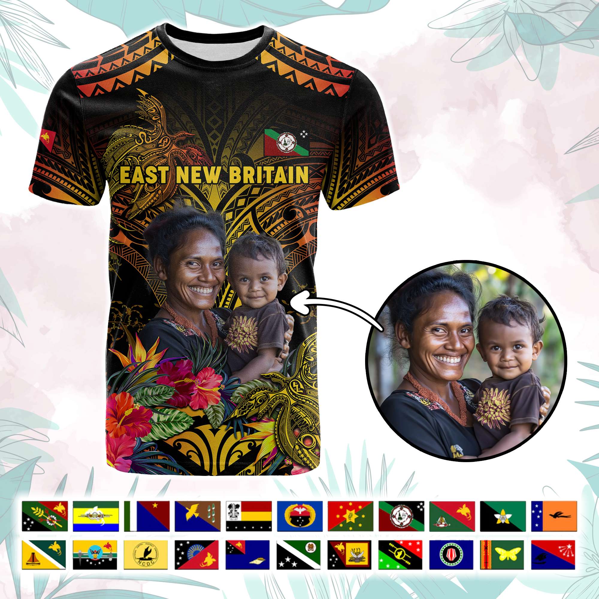 Custom Photo Papua New Guinea Provinces T Shirt Symbol Flag Sepik Blue Orchid Motifs CTM05