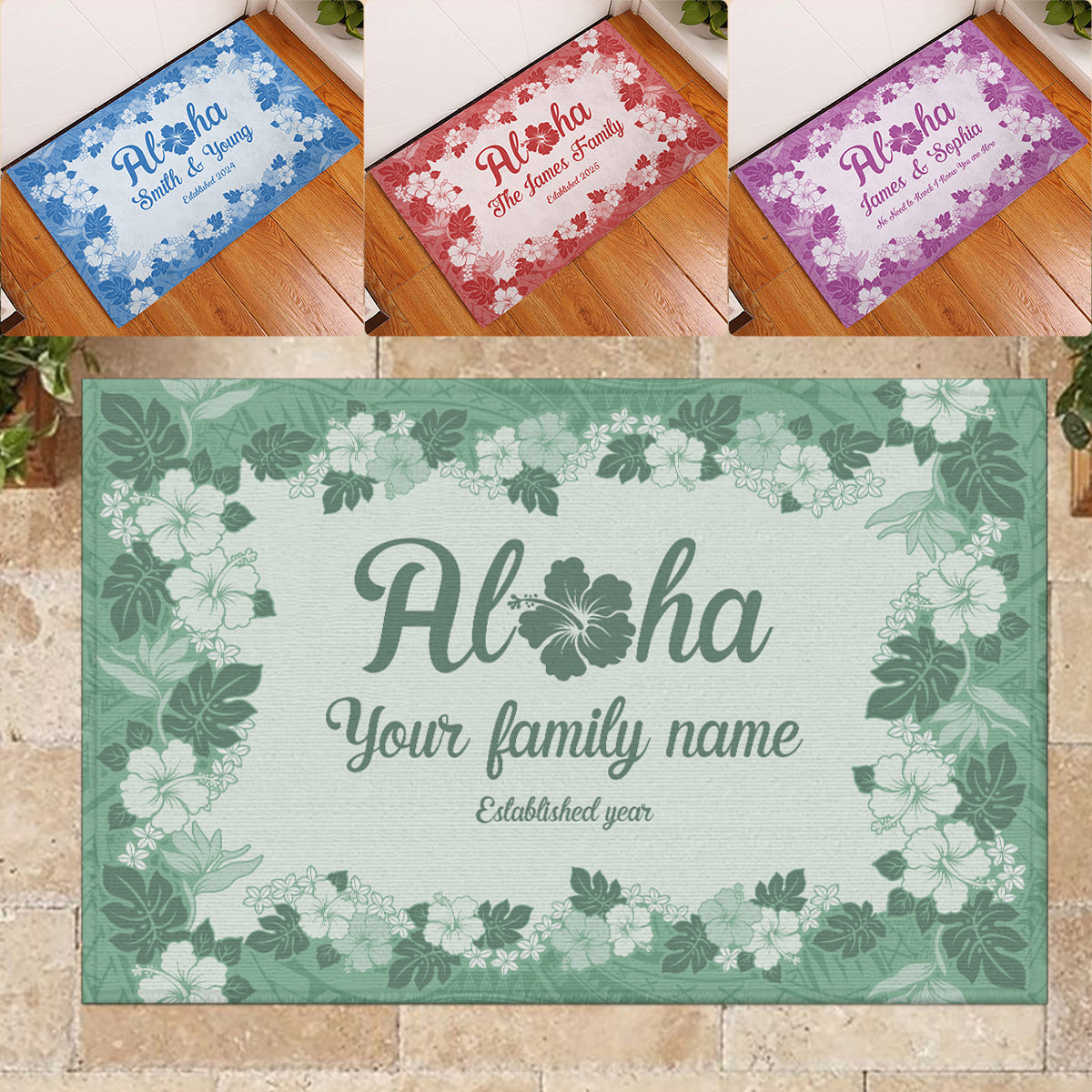 Custom Aloha Welcome Door Mats with Family Name Hawaiian Tribal Tapa Pattern LT9