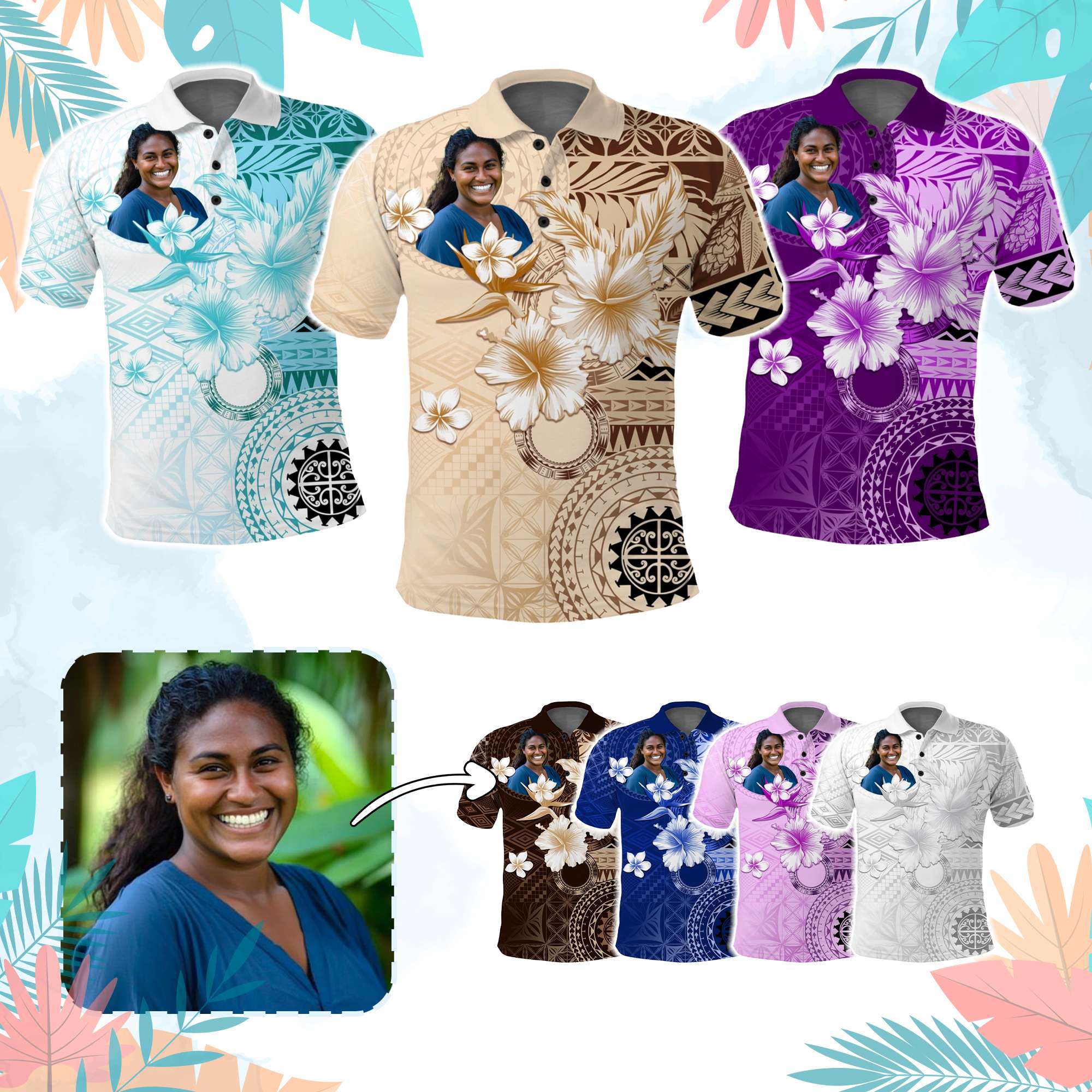 Custom Photo Samoa Polo Shirt Samoa Siapo Pattern With Hibiscus CTM05