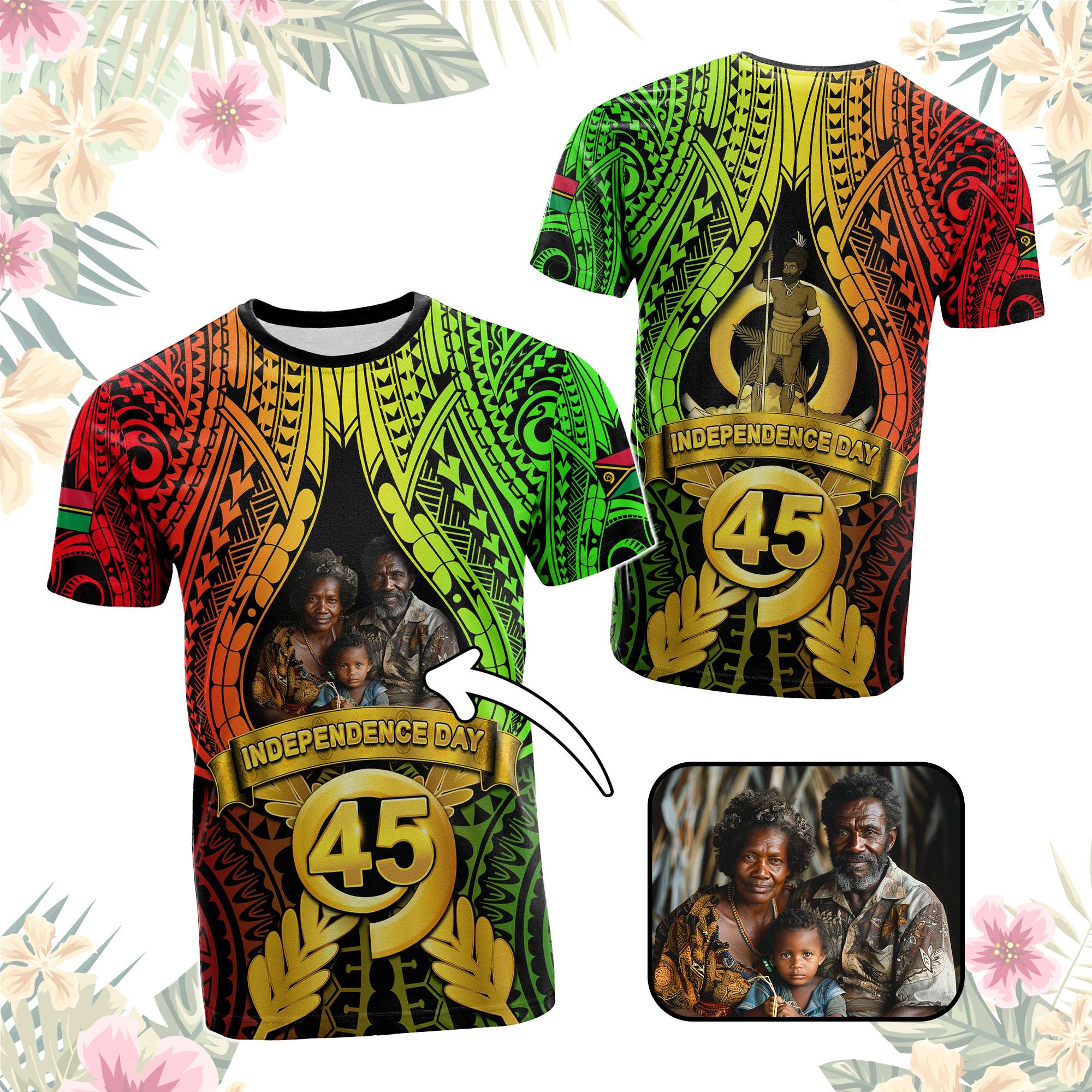 Custom Photo Vanuatu Independence Day T Shirt 45th Anniversary - Polynesian Pride
