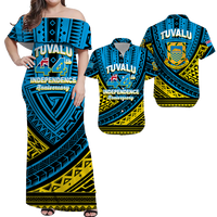 Tuvalu Matching Dress and Hawaiian Shirt 44th Independence Anniversary Tribal Pattern LT12 Blue - Polynesian Pride