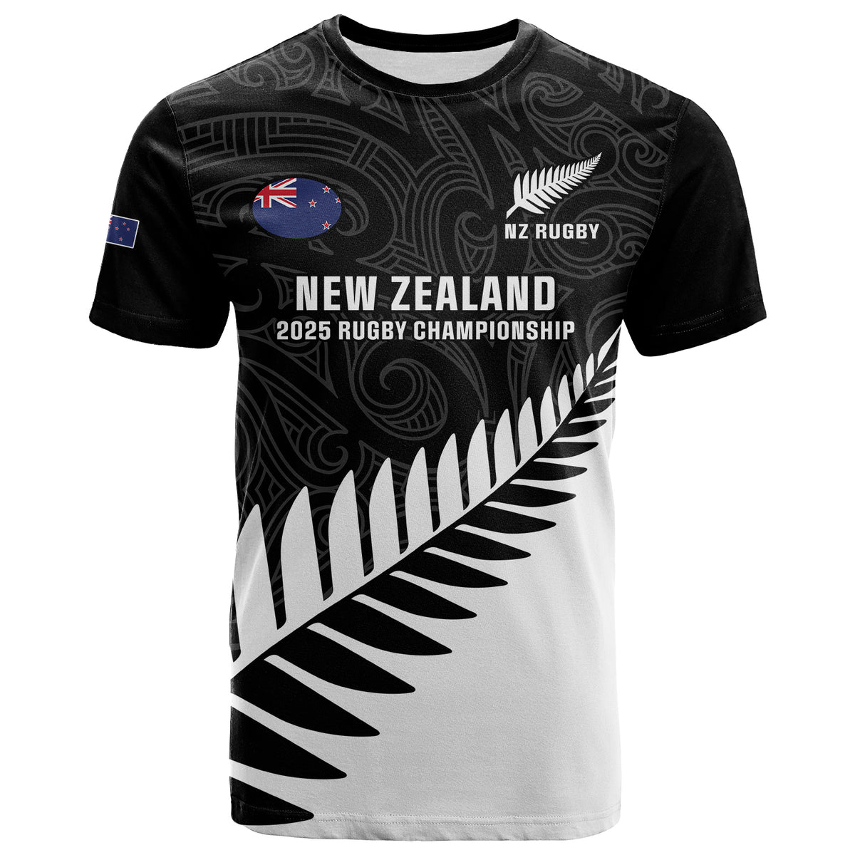 New Zealand Silver Fern Rugby T Shirt All Black Go Champions Maori Pattern LT14
