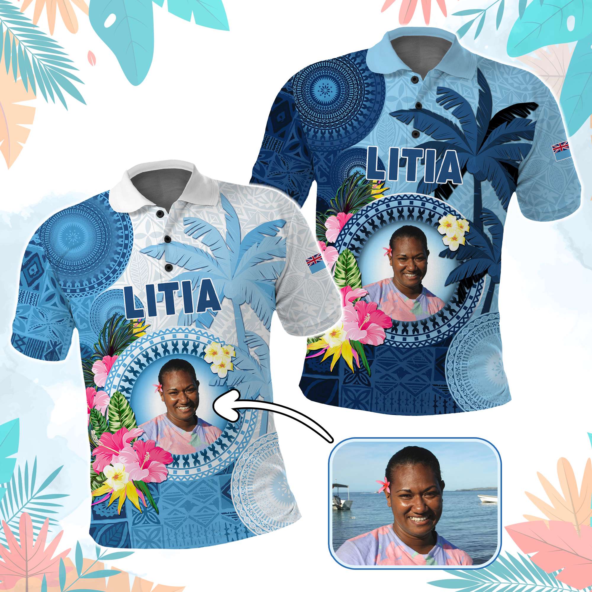 Custom Photo Fiji Polo Shirt Polynesian Palm Tree Fijian Tapa Pattern CTM05