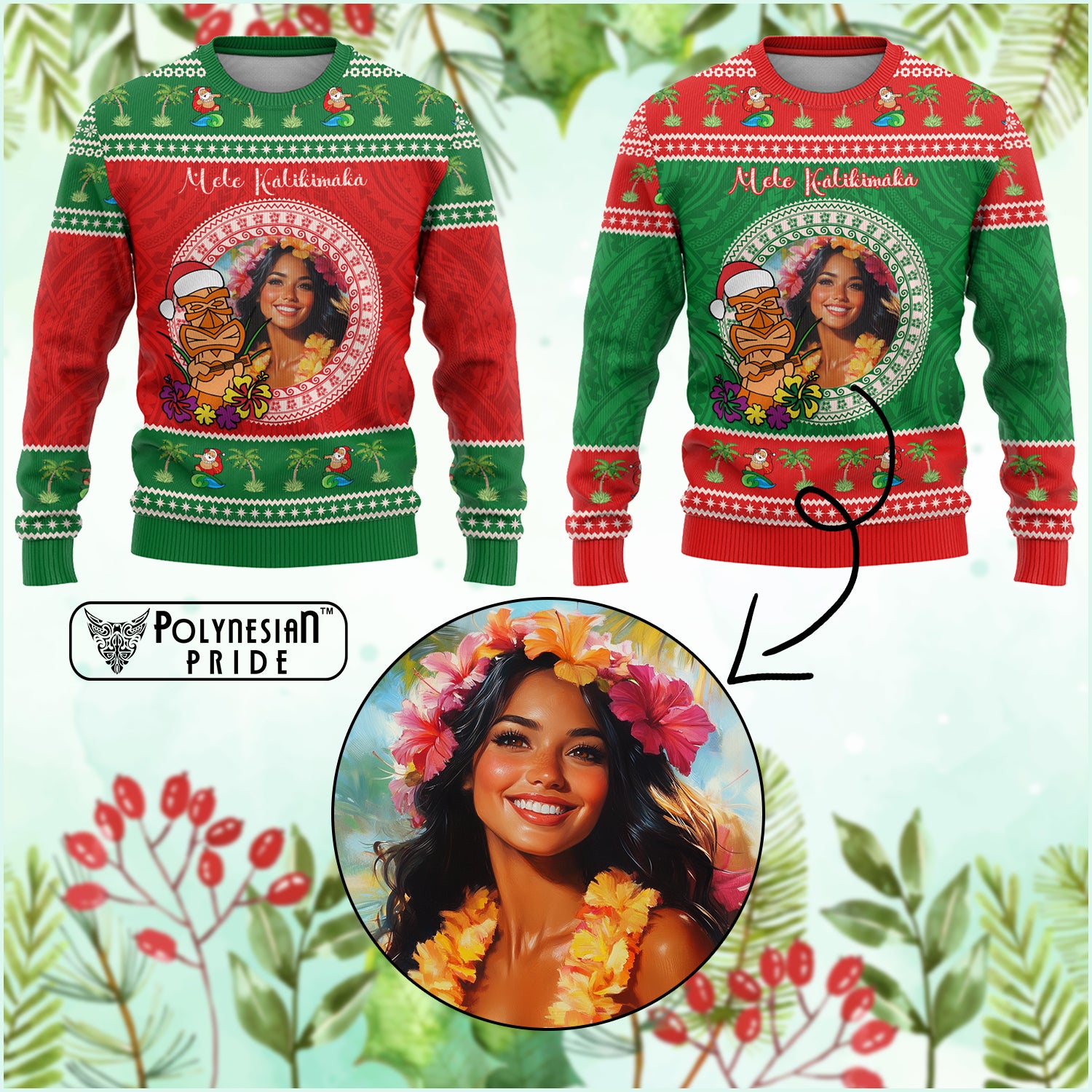 Custom Photo Aloha Hawaii Ugly Christmas Sweater Tiki Santa Mele Kalikimaka CTM14