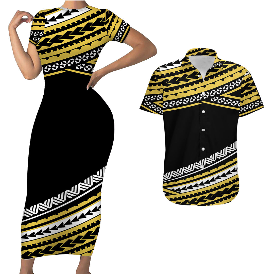 Polynesian Couples Matching Outfits Combo Bodycon Dress And Hawaii Shirt Simple Gold No.2 LT6 - Polynesian Pride