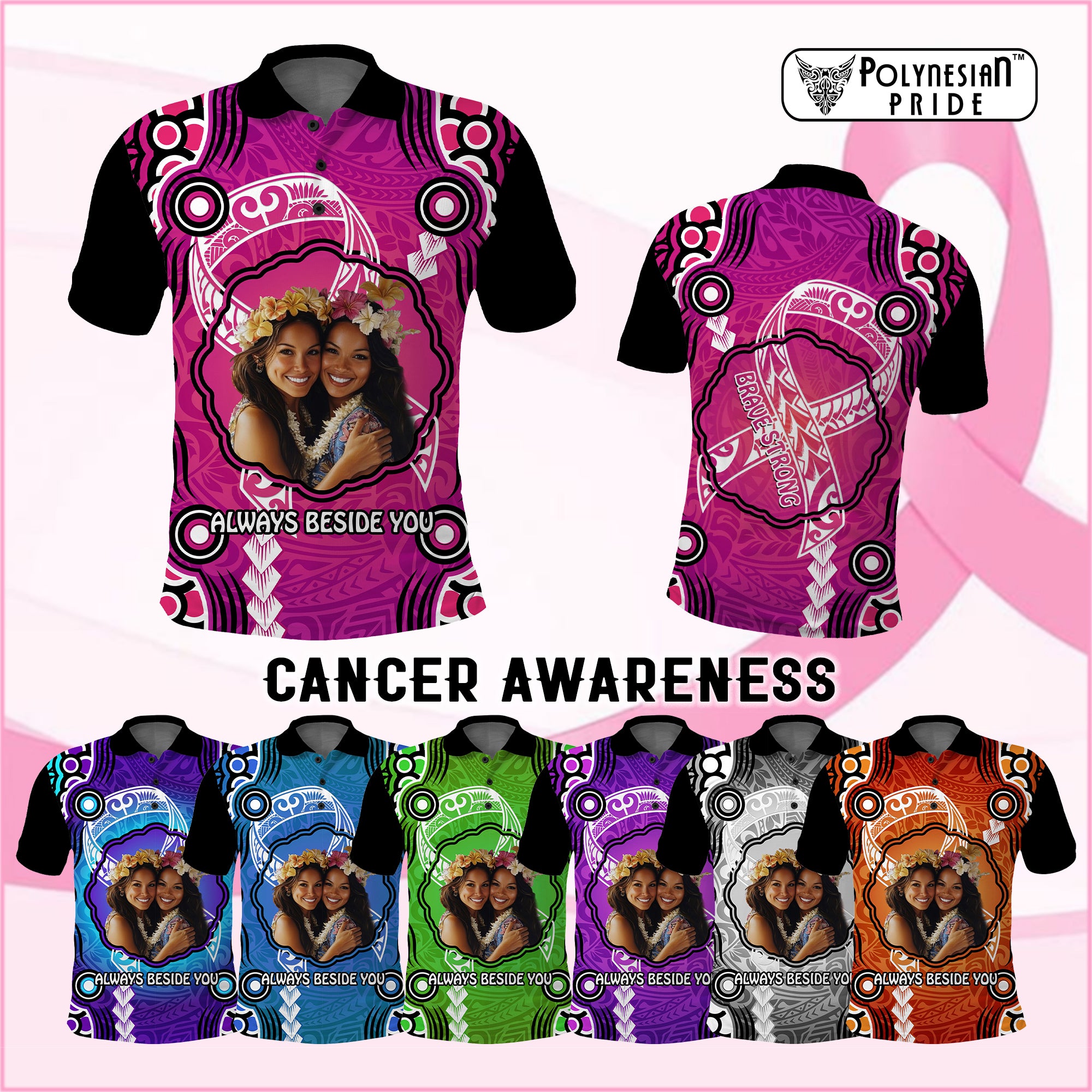 Custom Photo Cancer Awareness Polo Shirt Brave Strong Aboriginal With Polynesian Pattern CTM14