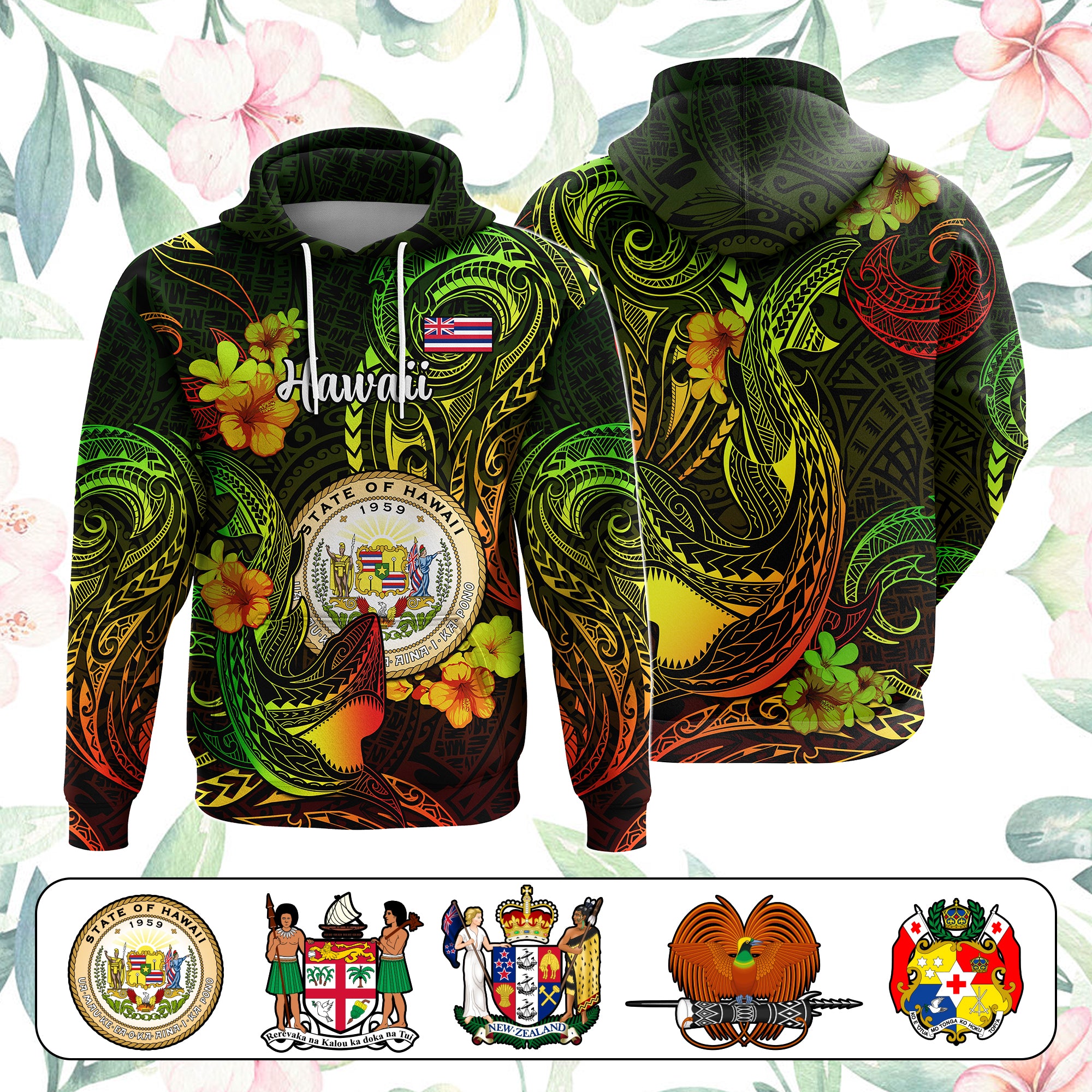 Custom Polynesian Countries Hoodie Coat Of Arms Polynesian Tribal Tattoo Shark CTM05 Pullover Hoodie - Polynesian Pride