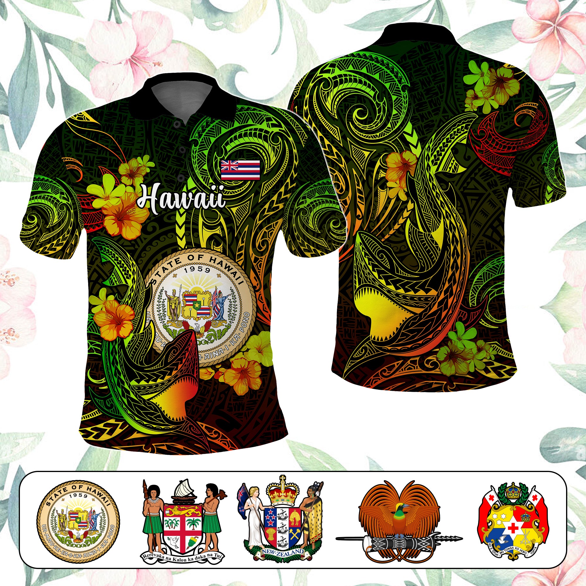 Custom Polynesian Countries Polo Shirt Coat Of Arms Polynesian Tribal Tattoo Shark CTM05 - Polynesian Pride