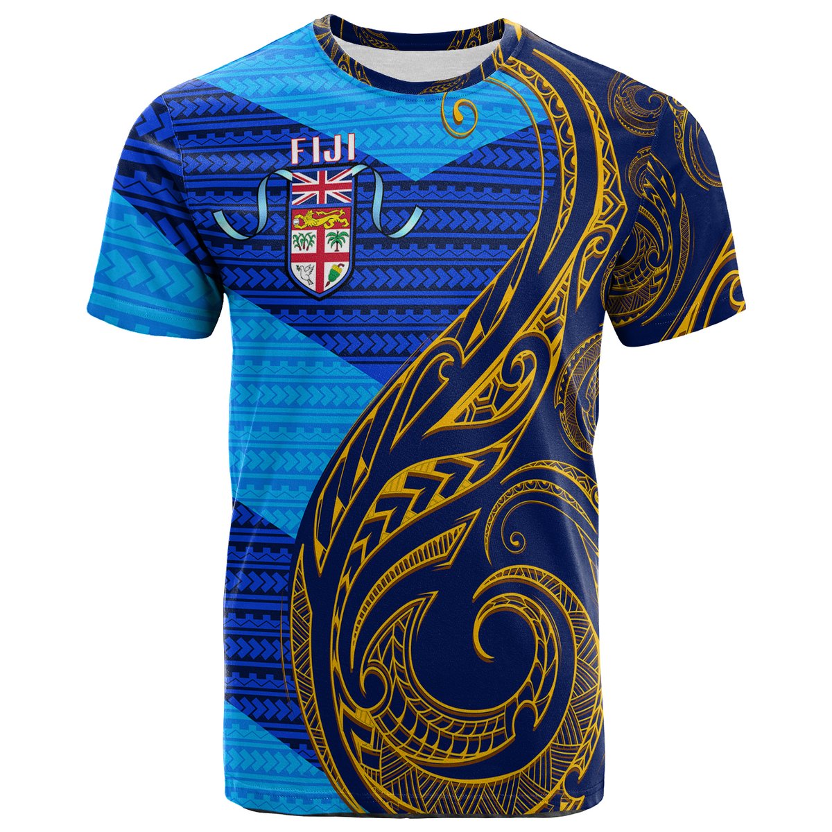 Fiji T Shirt Flags Color With Gold Polynesian Pattern LT20 Unisex Blue - Polynesian Pride