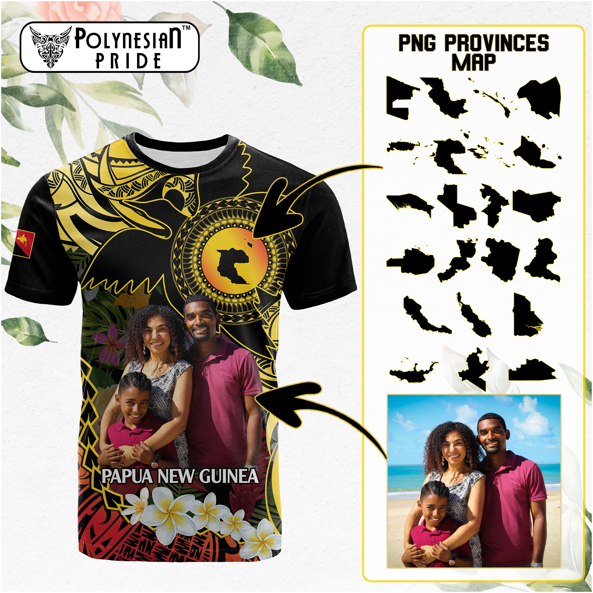 Custom Photo Papua New Guinea Independence Day T Shirt PNG Provinces Map Tropical Flowers CTM14