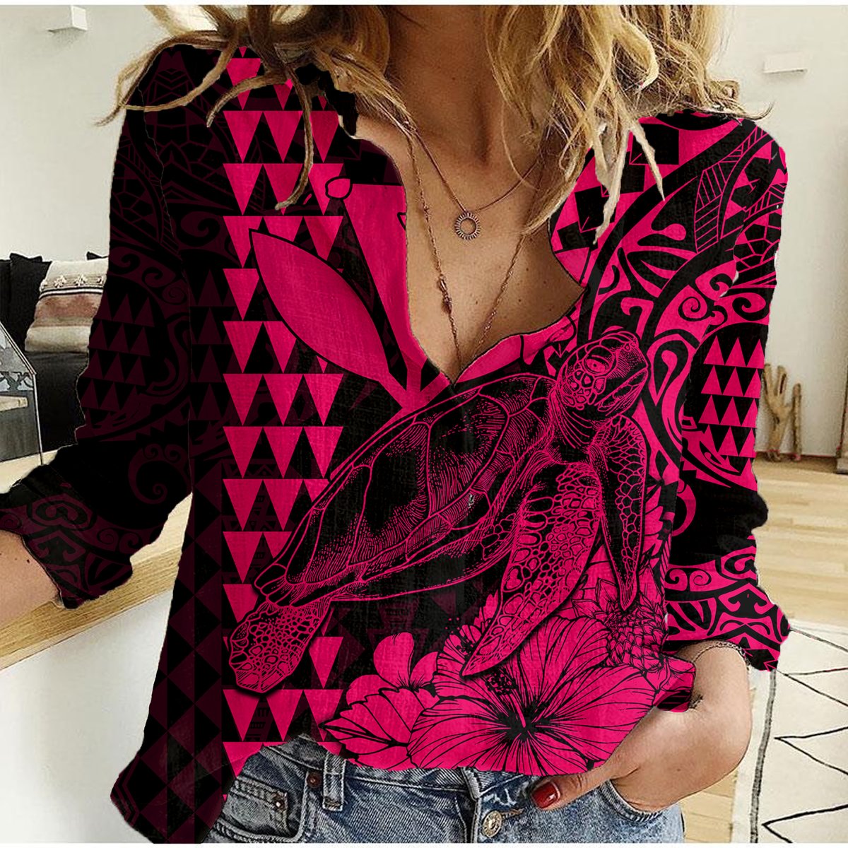 Kakau Polynesian Tribal Hawaiian Turtle with Kanaka Maoli Pink Women Casual Shirt LT9 Female Pink - Polynesian Pride