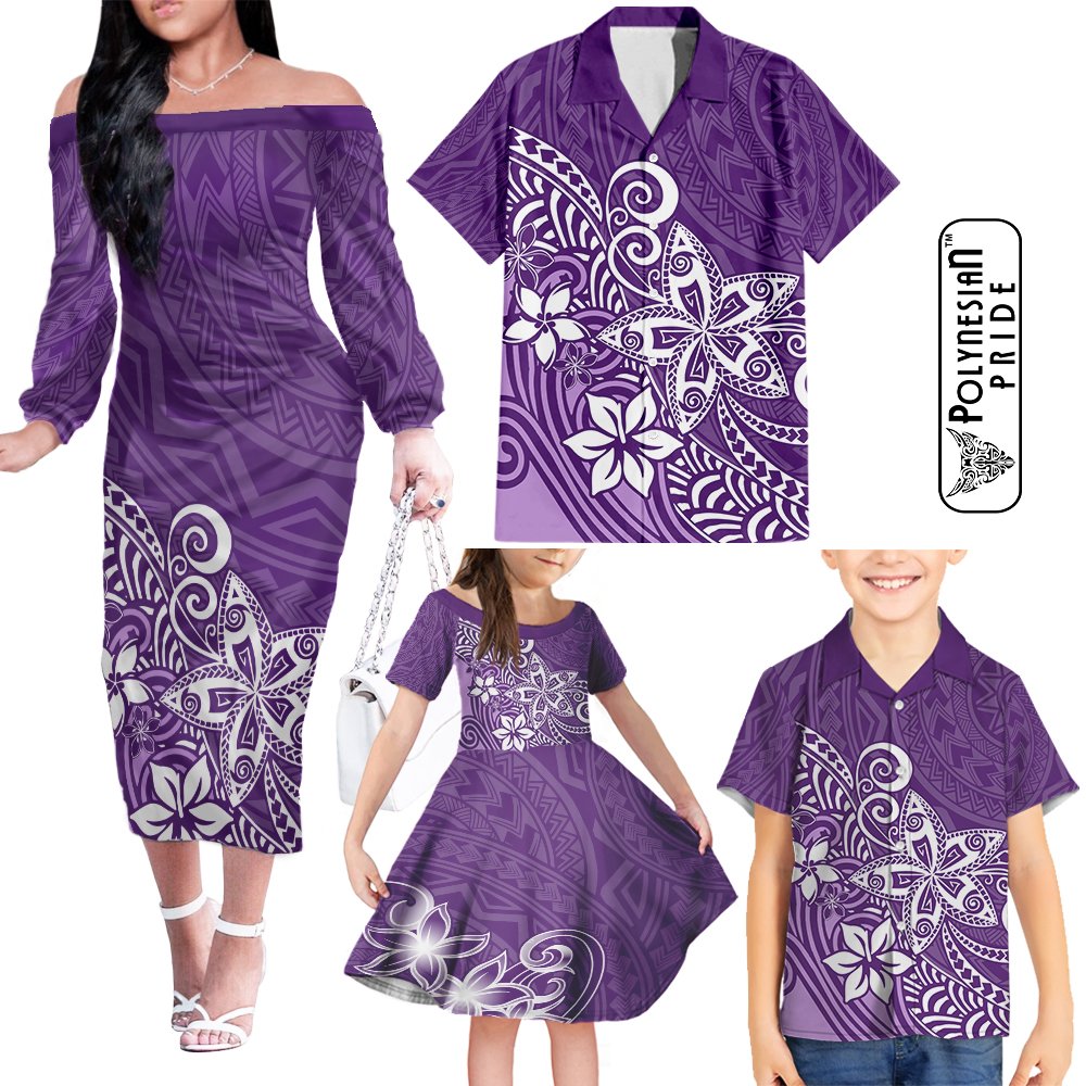 Hawaii Family Matching Outfits Polynesia Off Shoulder Long Sleeve Dress And Shirt Family Set Clothes Plumeria Purple Curves LT7 - Polynesian Pride