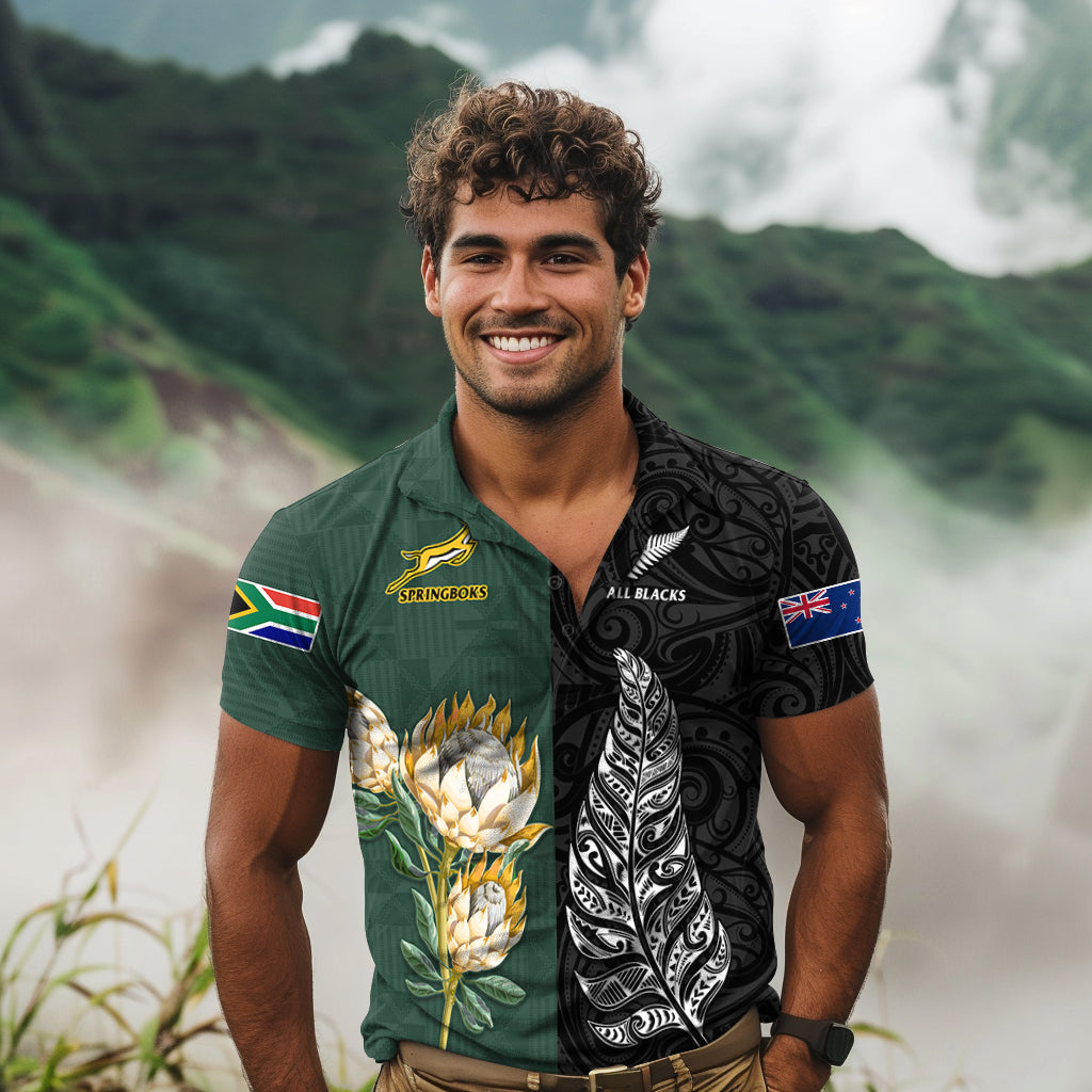South Africa Protea and New Zealand Fern Polo Shirt Rugby Go Springboks vs All Black