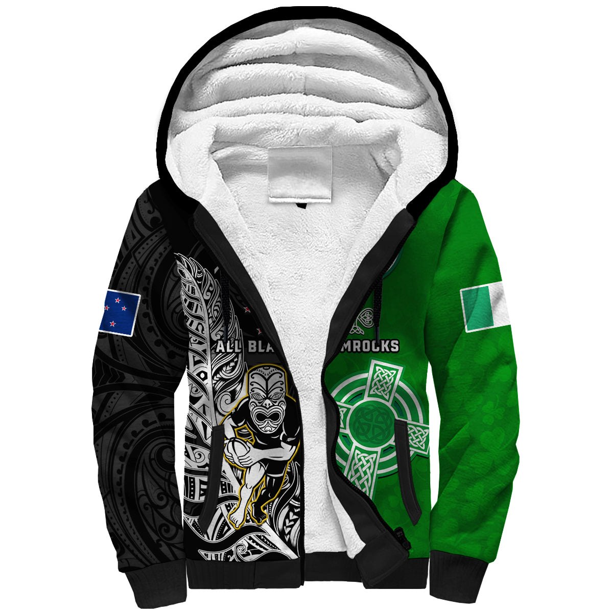 (Custom Personalised) New Zealand And Ireland Rugby Sherpa Hoodie All Black Maori Mix Shamrocks LT14 Unisex Black - Polynesian Pride