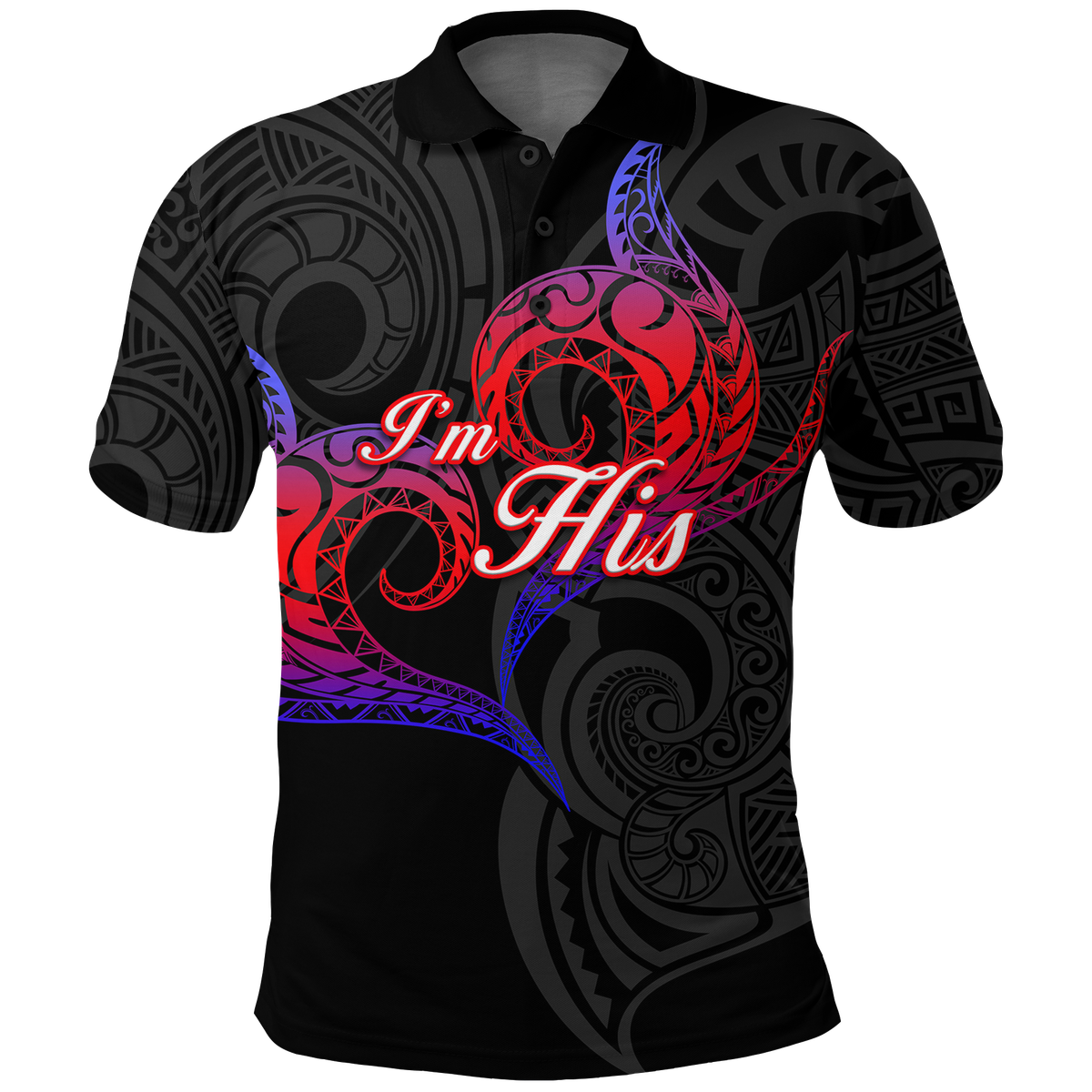 Valentine Day Guam Couple Im His Polo Shirt Heart Tribal LT12 Black - Polynesian Pride