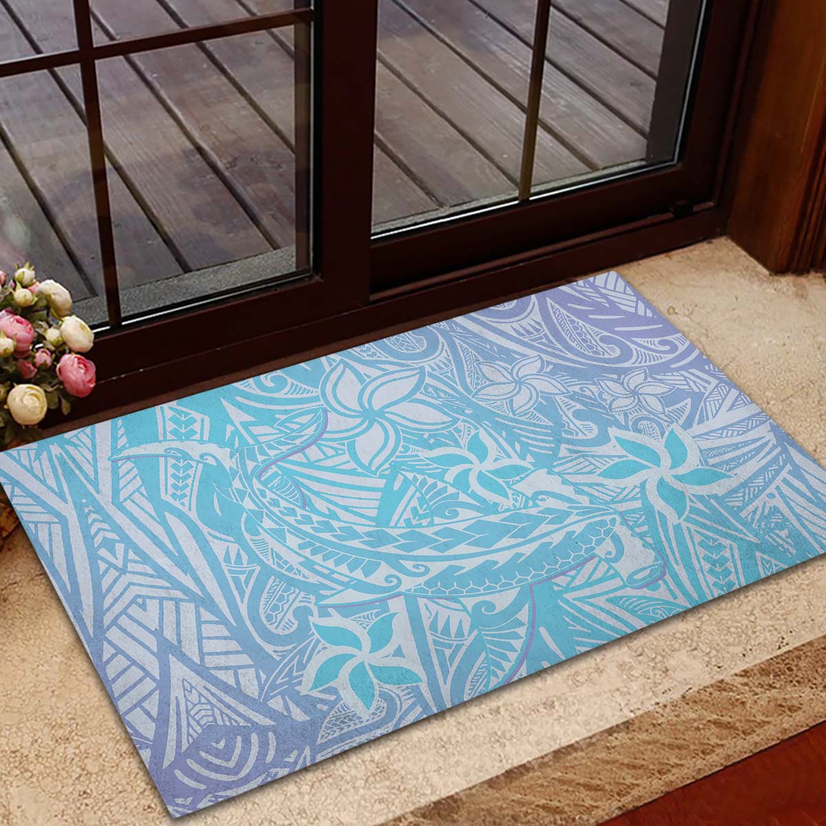 Baby Blue Gradient Polynesia Rubber Doormat Hawaiian Tribal Hammerhead Shark Tattoo LT14