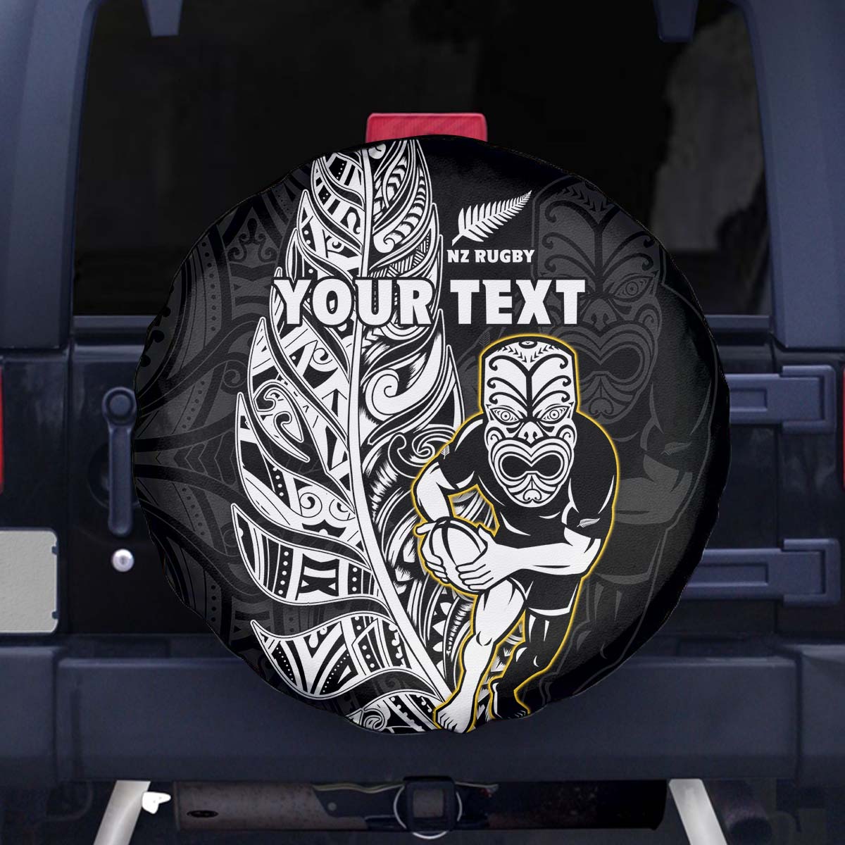 (Custom Personalised) New Zealand Silver Fern Rugby Spare Tire Cover All Black Maori Version Black LT14