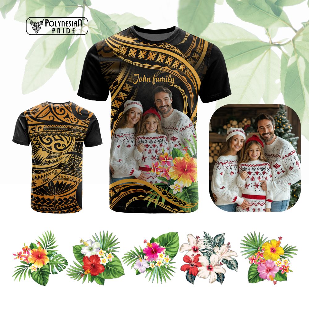 Custom Photo Pacific Tribal Tattoo T Shirt with Flowers Bouquet CTM09