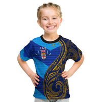 Fiji T Shirt Kid - Flag'S Color With Gold Polynesian Pattern - LT20 Blue - Polynesian Pride