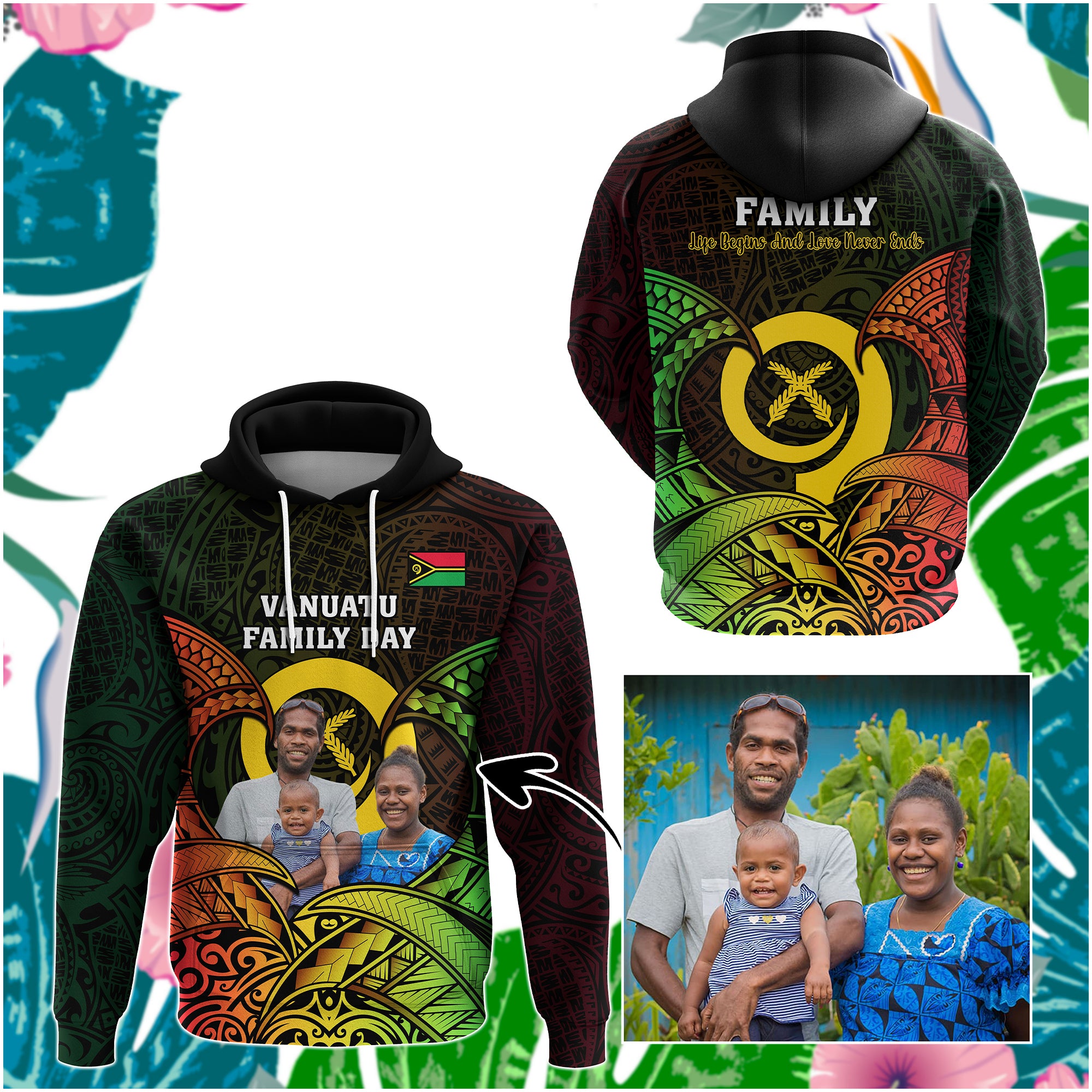 Custom Photo Vanuatu Family Day Hoodie Vanuatuan Pig Tusk Reggae Polynesian Pattern CTM14 Pullover Hoodie - Polynesian Pride