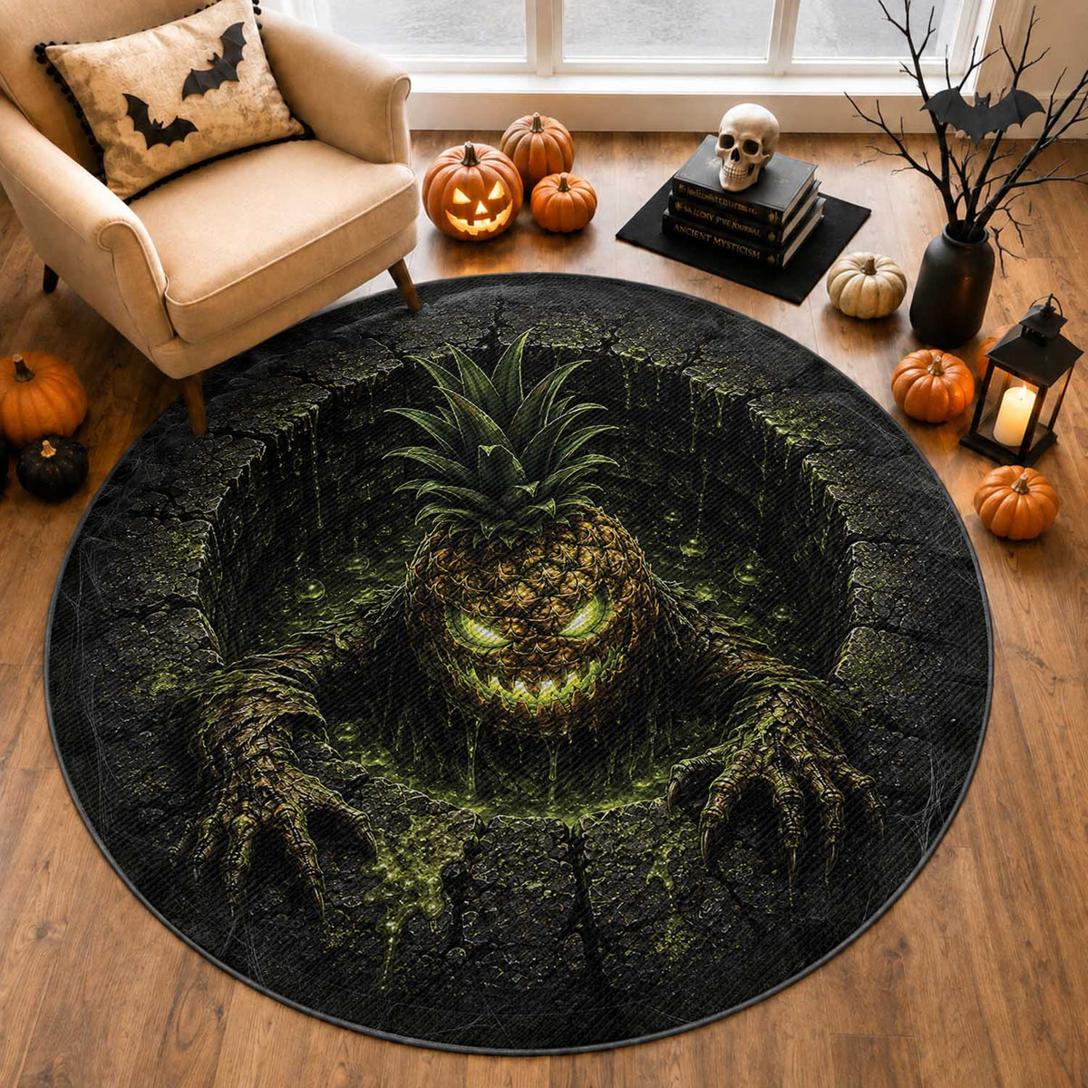 3D Illusion Hawaii Halloween Scary Pineapple Monster Round Carpet