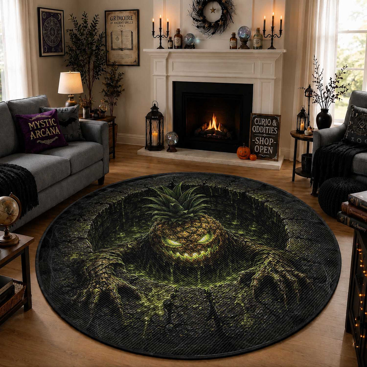 3D Illusion Hawaii Halloween Scary Pineapple Monster Round Carpet