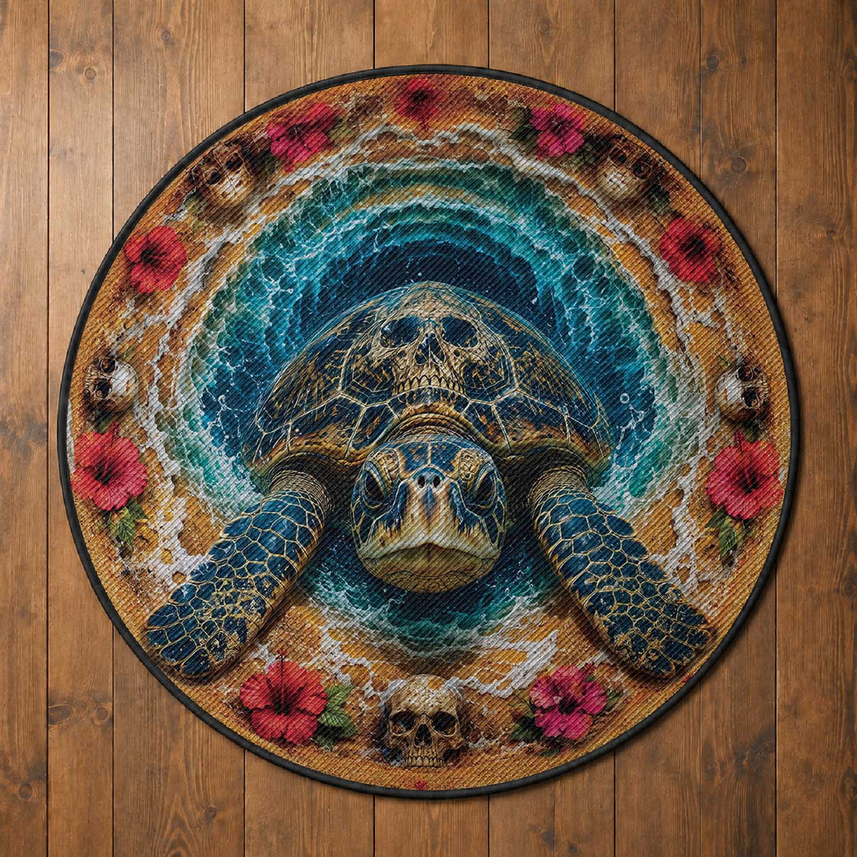 3D Illusion Honu Halloween Round Carpet Hawaiian Sea Turtle Skull Shell Vortex