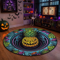 3D Illusion Pineapple Jack O Lantern Halloween Round Carpet Tropical Spooky Fruit Monstera Swirl