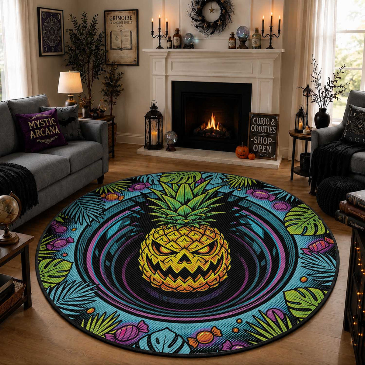 3D Illusion Pineapple Jack O Lantern Halloween Round Carpet Tropical Spooky Fruit Monstera Swirl