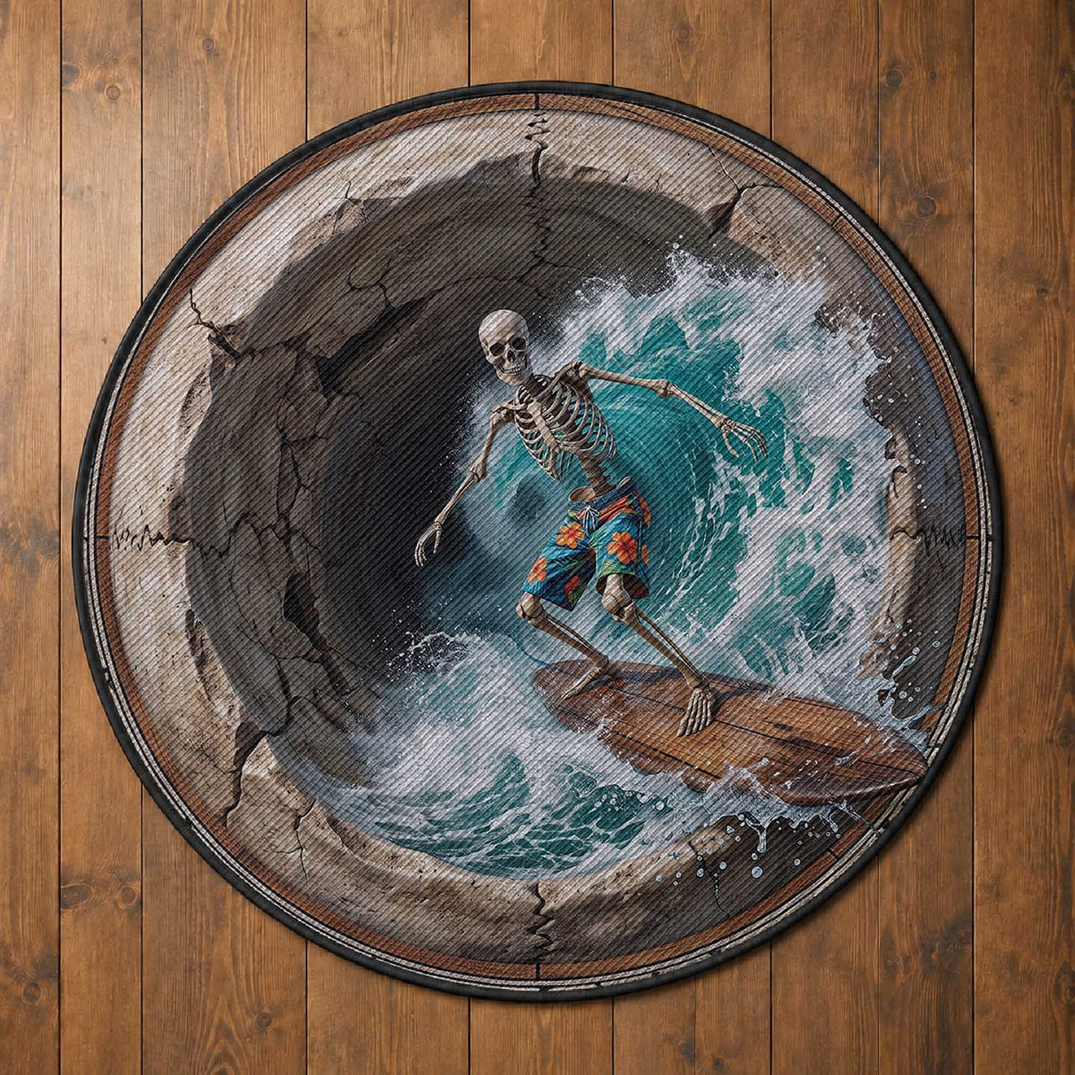 3D Illusion Surfing Skeleton Halloween Round Carpet Surfboard Bones Ocean Wave Stone Well
