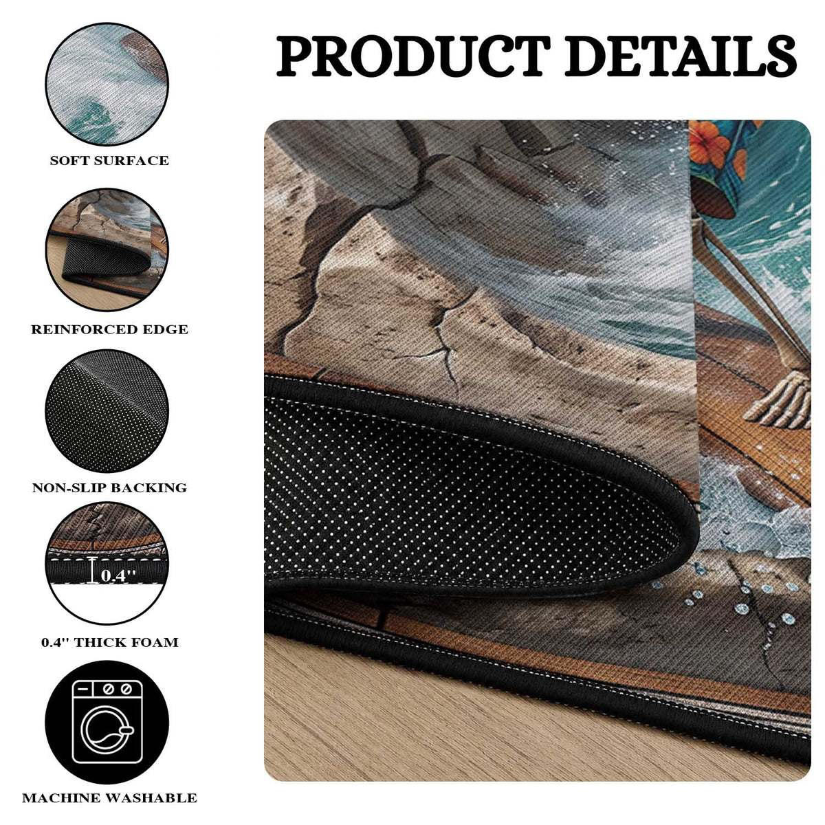 3D Illusion Surfing Skeleton Halloween Round Carpet Surfboard Bones Ocean Wave Stone Well