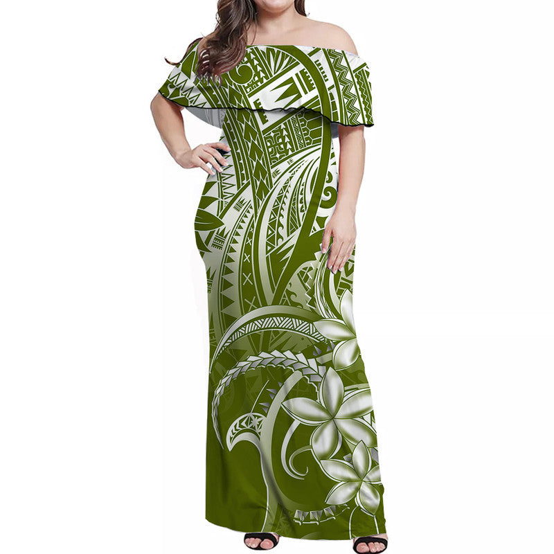 Polynesian Pride Off Shoulder Long Dress Polynesia Tribal Royal Green LT14 Women Green - Polynesian Pride