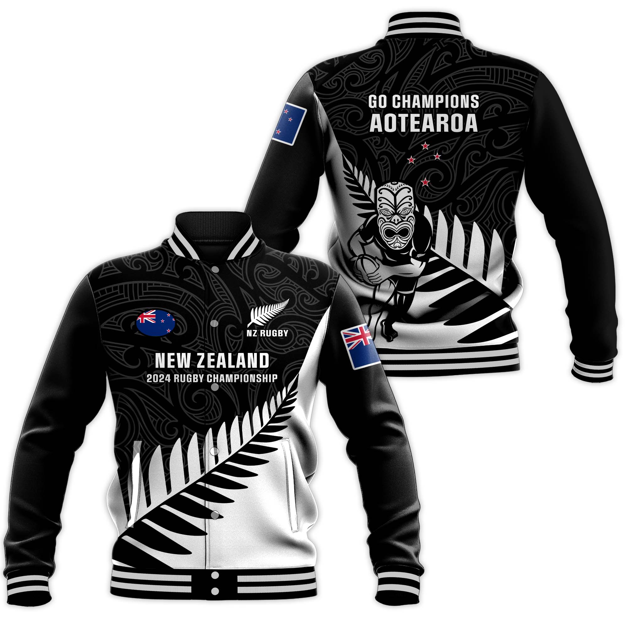 New Zealand Silver Fern Rugby Baseball Jacket All Black 2023 Go Champions Maori Pattern LT14