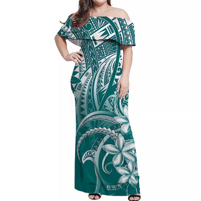 Polynesian Pride Off Shoulder Long Dress Polynesia Tribal Royal Turquoise LT14 Women Turquoise - Polynesian Pride