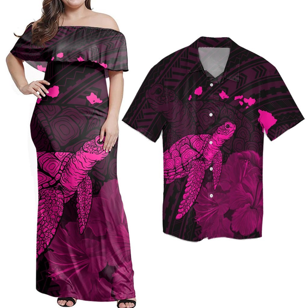 Hawaii Matching Dress and Hawaiian Shirt Polynesian Hibiscus Turtle Map Pink RLT14 No Dress - Polynesian Pride