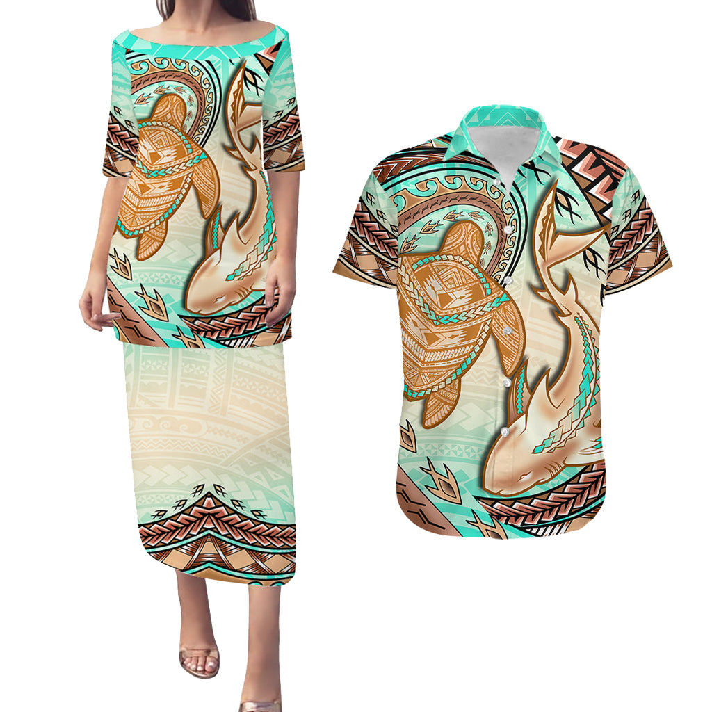 Hawaii Couples Matching Puletasi Dress And Hawaiian Shirt Polynesian Shark And Sea Turtle Dreamy Turquoise LT14 Turquoise - Polynesian Pride