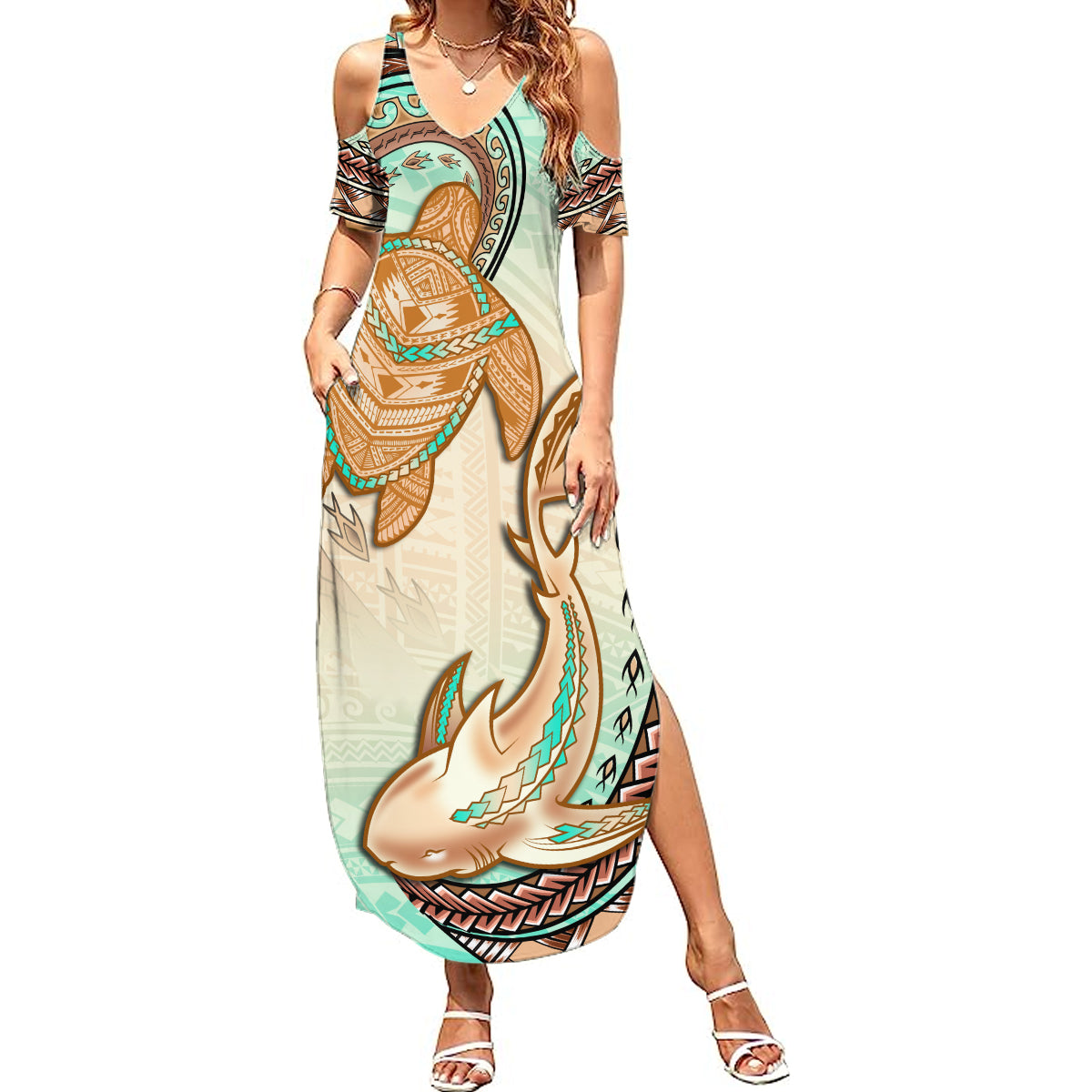 Hawaii Family Matching Outfits Polynesian Pride Summer Maxi Dress And Shirt Polynesian Shark Sea Turtle Dreamy LT14 - Polynesian Pride