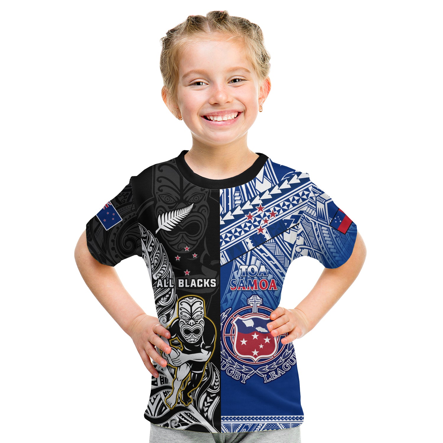 (Custom Personalised) All Black And Toa Samoa Rugby T Shirt KID NZ Maori Fern Mix Polynesian LT14 Blue - Polynesian Pride