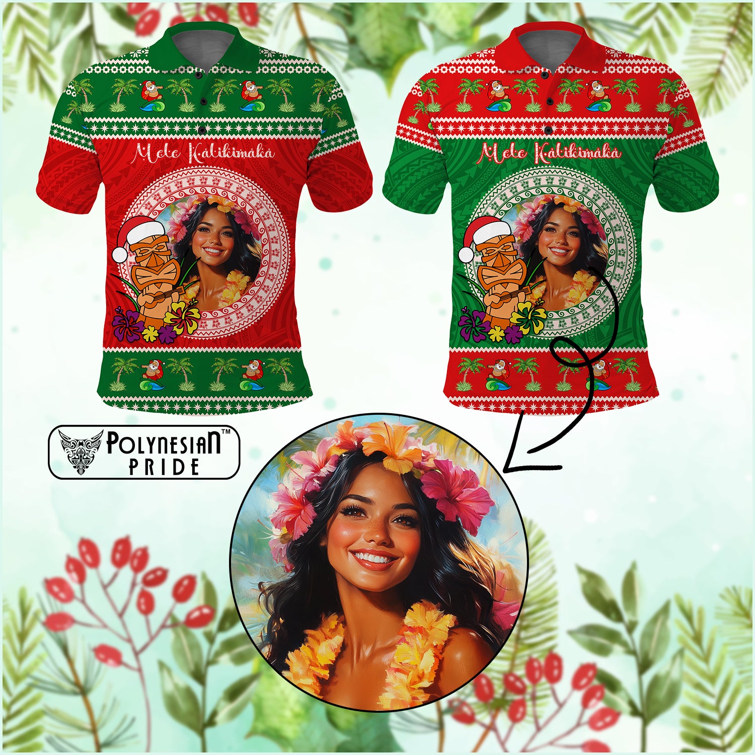 Custom Photo Aloha Hawaii Christmas Polo Shirt Tiki Santa Mele Kalikimaka CTM14