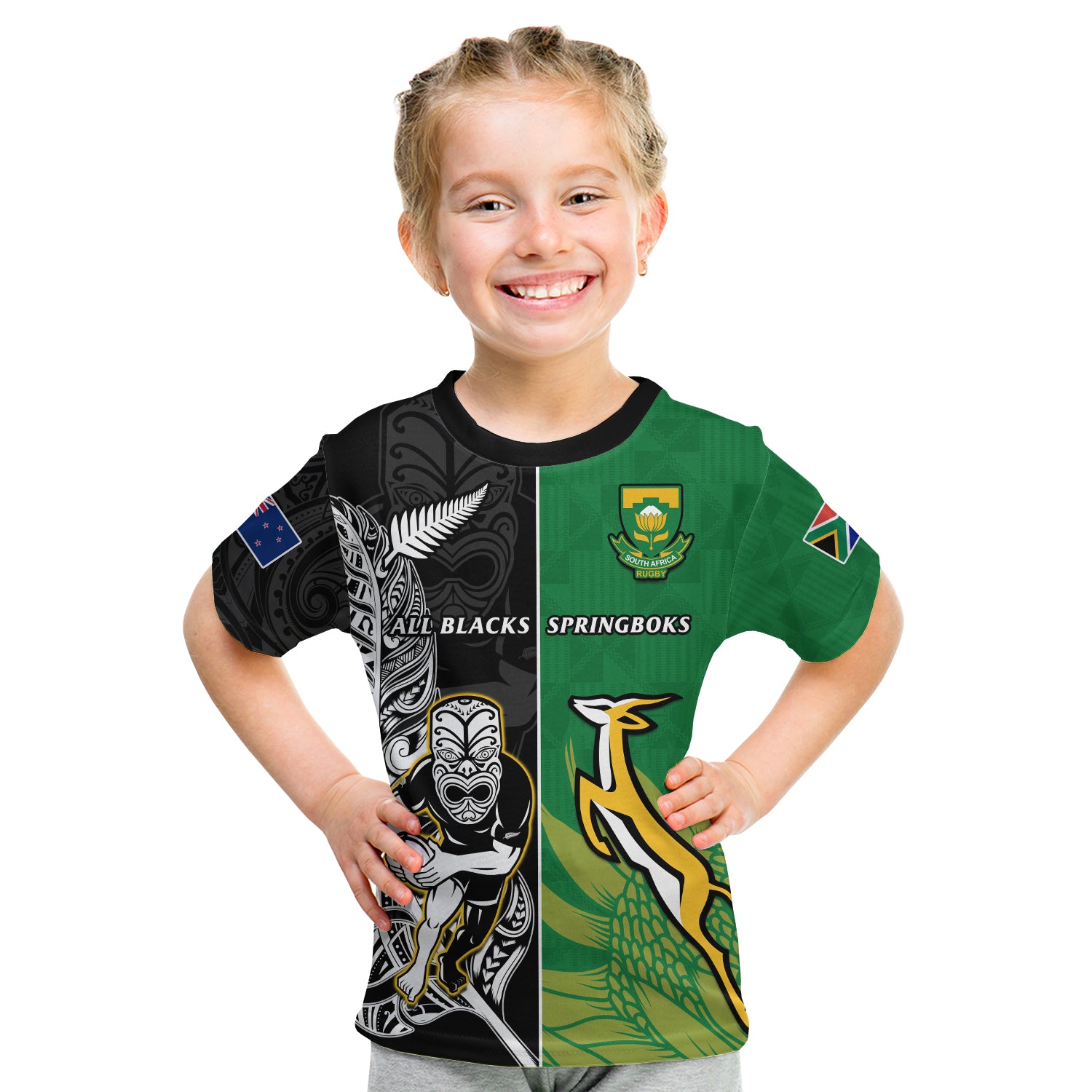 (Custom Personalised) New Zealand And South Africa Rugby T Shirt KID All Black Maori Mix Springboks LT14 - Polynesian Pride