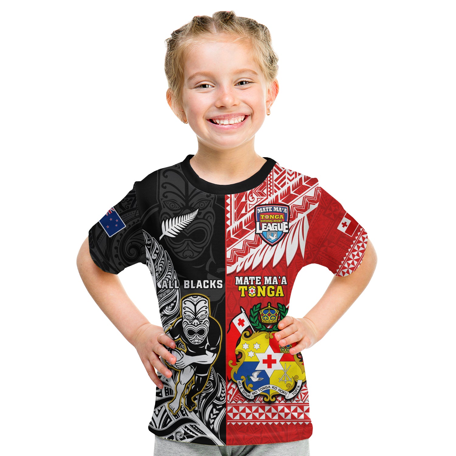 (Custom Personalised) Mate Maa Tonga And All Black Rugby T Shirt KID Polynesian Mix NZ Maori Fern LT14 Youth XL Size14 - Polynesian Pride